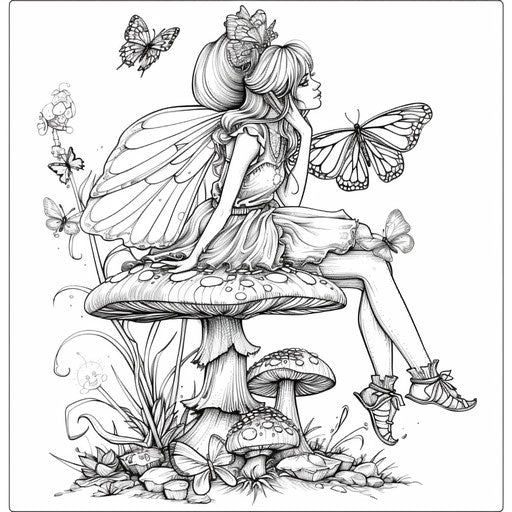 Whimsical fairy on a toadstool with butterflies