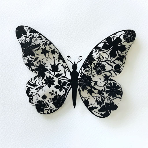 Blackwork butterfly silhouette with floral patterns on white