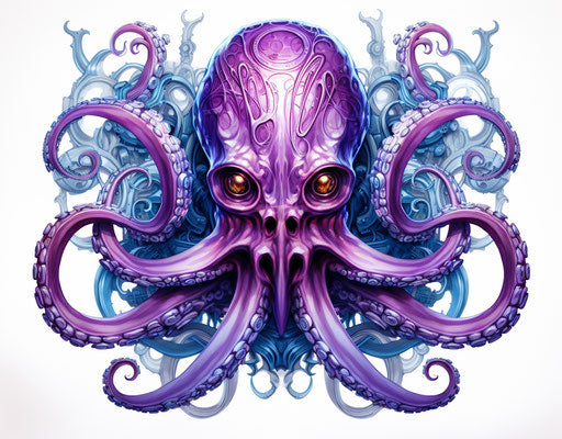 The big blue octopus is purple on white background, celestial style