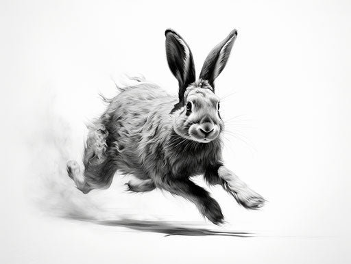 Black and white rabbit running in realistic style