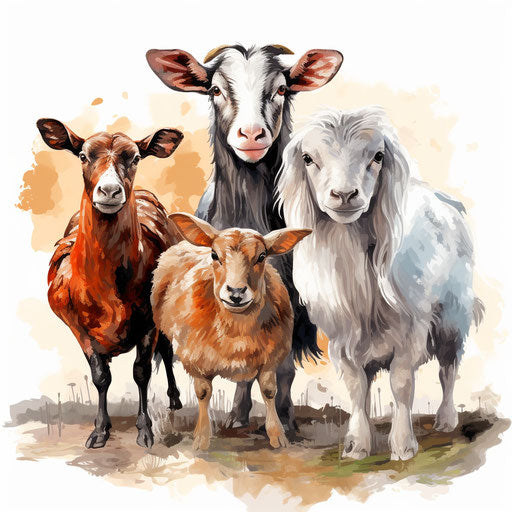 Farm animals clipart in the style of oil painting, on white background