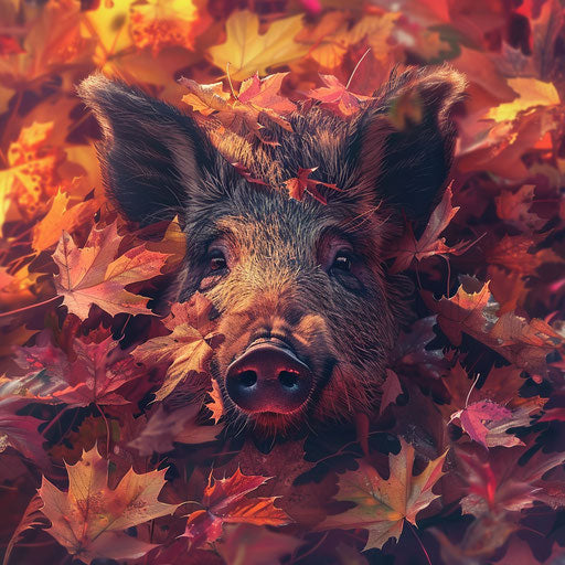 Wild boar among vibrant autumn leaves