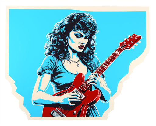 Blue electric guitar sticker with a girl, glamorous pin-up style