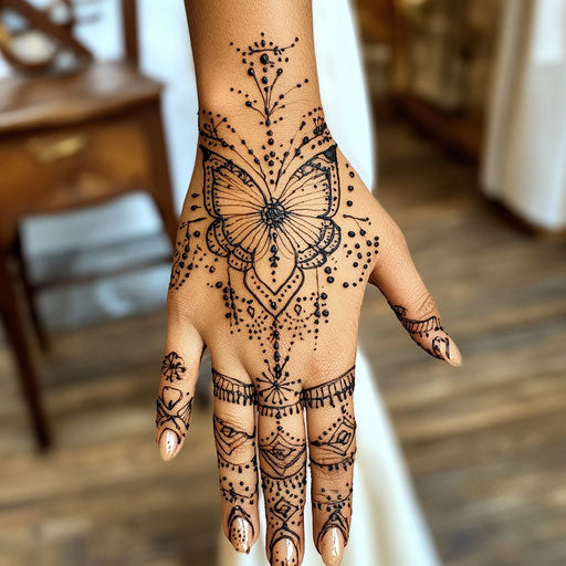 Henna hand tattoo with delicate mandala and butterfly motifs
