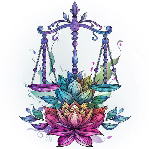 Flat tattoo sketch with colorful balance scale