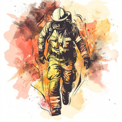 Firefighter tattoo in rescue pose, watercolor splashes