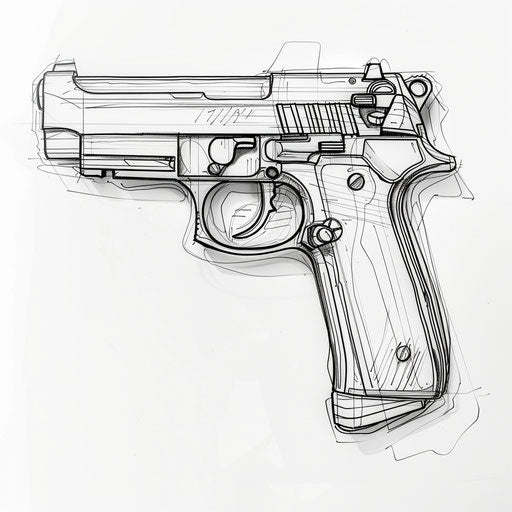 Minimalist line art sleek modern gun tattoo white backdrop