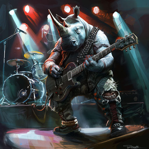 A rhino in a rock band, playing electric guitar with flair on stage