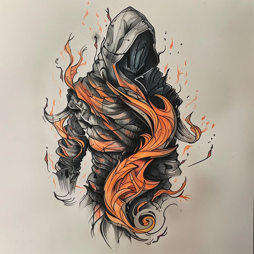 Stylized tattoo sketch of a Dark Souls fire keeper