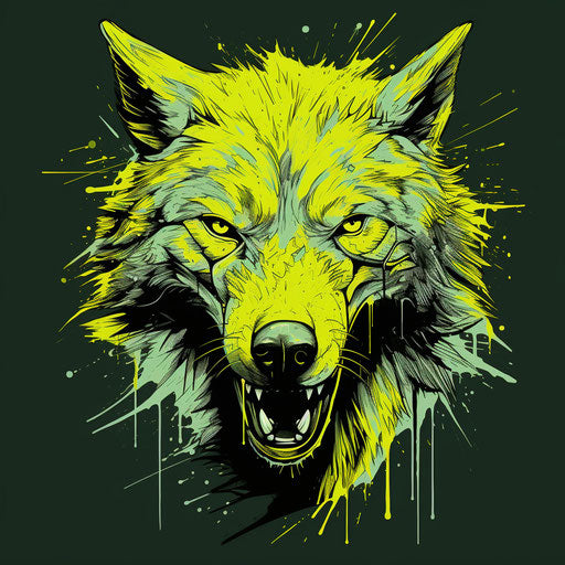 Wolf head drawing in dark white and yellow line style