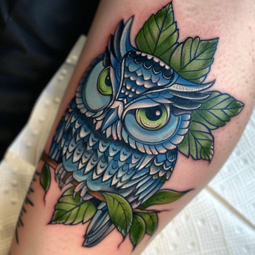 Intricate neo-traditional owl tattoo with emerald green eyes
