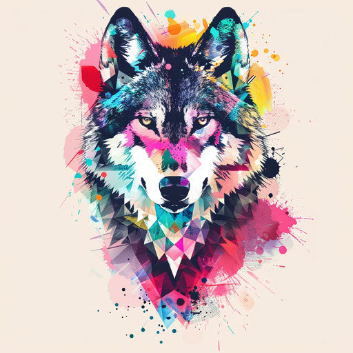 Festive geometric wolf with colorful confetti