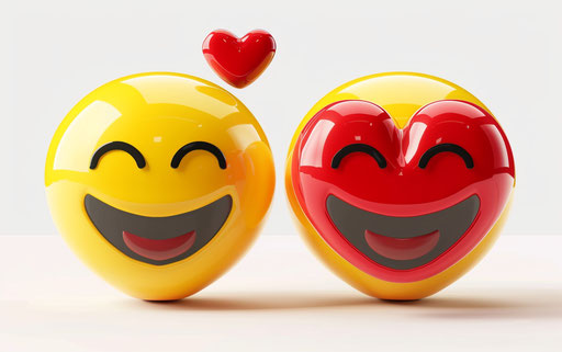 Two cute yellow smiley faces holding a red heart