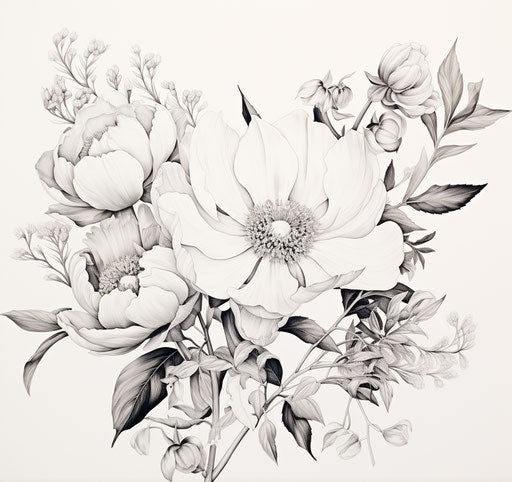 Floral drawing in black ink on white, clean and sharp style