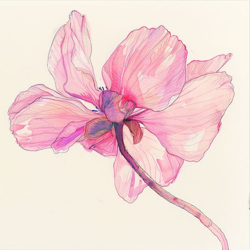 Watercolor flower sketch in pink, Japanese-inspired style
