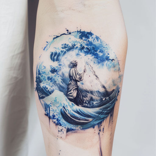 Moses Parting the Red Sea: Artistic Tattoo of Swirling Blues and Whites
