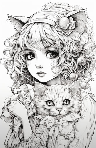 Girl with cat and line drawing, charming anime style, 11:17