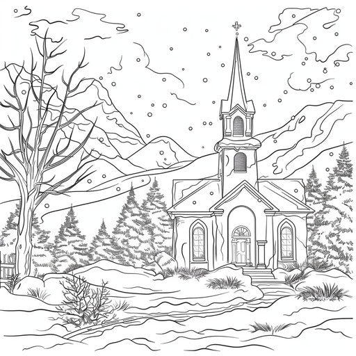 Snowy church in a peaceful winter landscape
