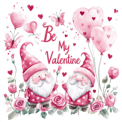 Three gnomes in pink, hearts, and roses with text 'Be My Valentine', digital art, cute and adorable pink Valentine's Day clipart