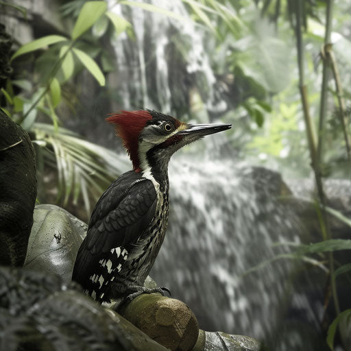 Woodpecker in rainforest with waterfall