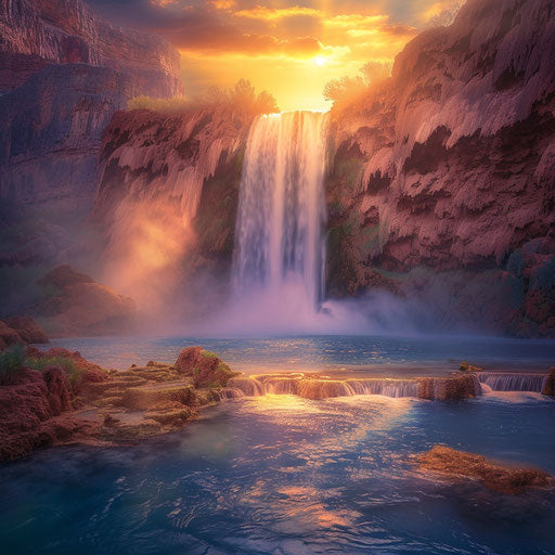 Havasu Falls with stunning mist and sunset glow