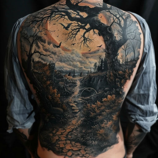 Surreal landscape tattoo in the style of J.P. Targete