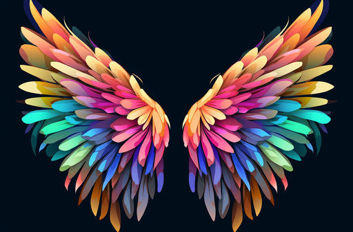 Colorful fairy wings, exotic birds style, attention to feathers and fur texture