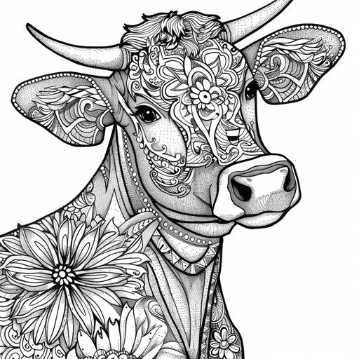 Highly detailed cow zentangle pattern. Coloring book page