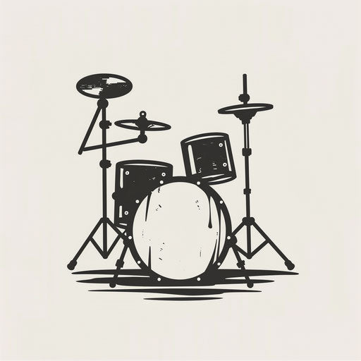 Minimalist tattoo sketch of a drum set in solid black, clipart flat style