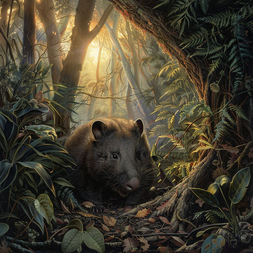 A curious wombat peeks out from its burrow in a dense forest at sunrise