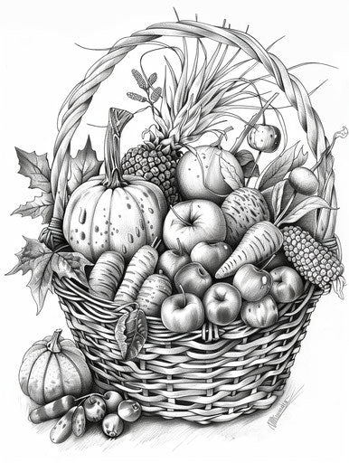 Coloring page of vegetable and fruit basket in cartoon style