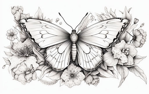 Butterfly and flowers, crown, black and white tattoo design