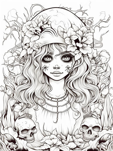 Halloween coloring pages, Marguerite Blasingame style, witchcore 3:4