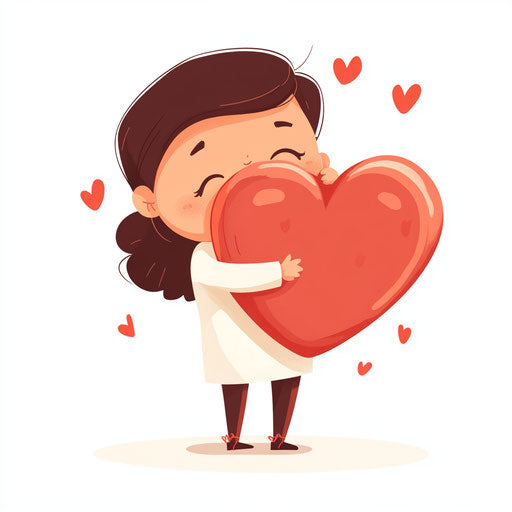 Cute, happy cartoon character hugging a large heart for Valentine's Day
