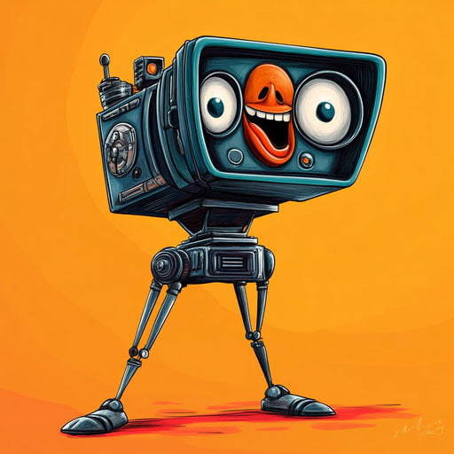 Humorous caricature of a movie camera with human characteristics