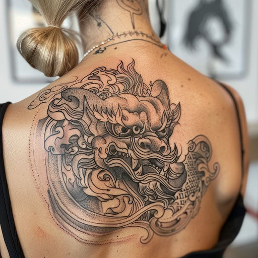 Ornamental Chinese lion tattoo on white canvas
