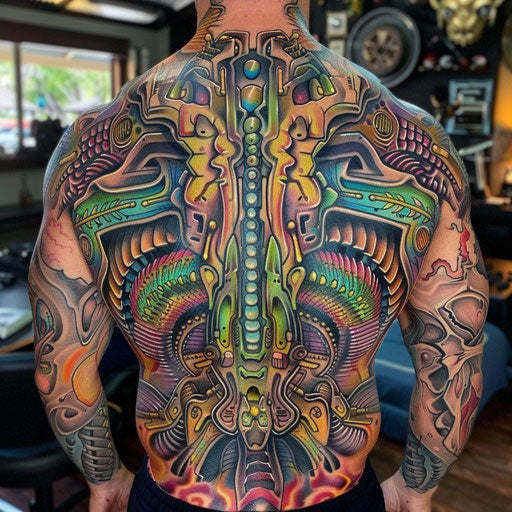Psychedelic biomechanical back tattoos for men