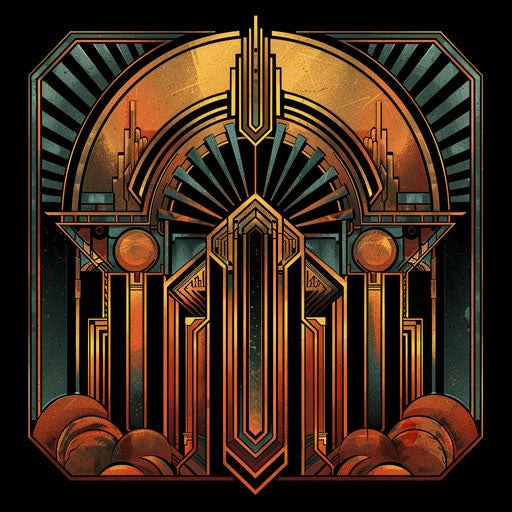 Art Deco t shirt logo design with a luxurious background, rich colors