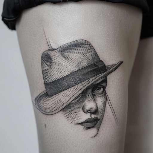 Blackwork tattoo of a gangster's hat and eyes, mysterious and detailed, on a pure white background