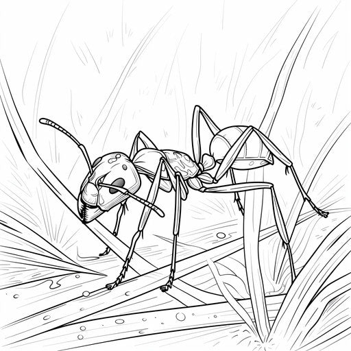 Ant walking on blade of grass with morning dew