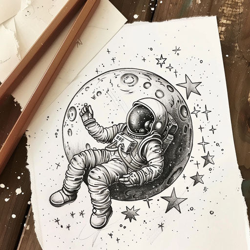 Cosmic tattoo design of an astronaut touching a moon surrounded by stars on white paper