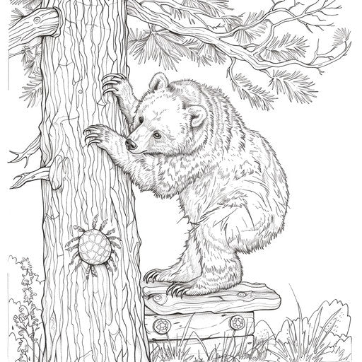 A brown bear climbs a tree to reach a beehive