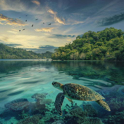Green sea turtle surfing in calm lagoon surrounded by lush islands at dusk