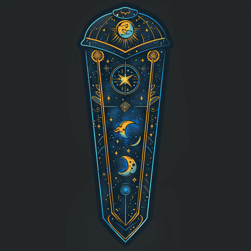 Mystical coffin with celestial symbols and midnight blue shades