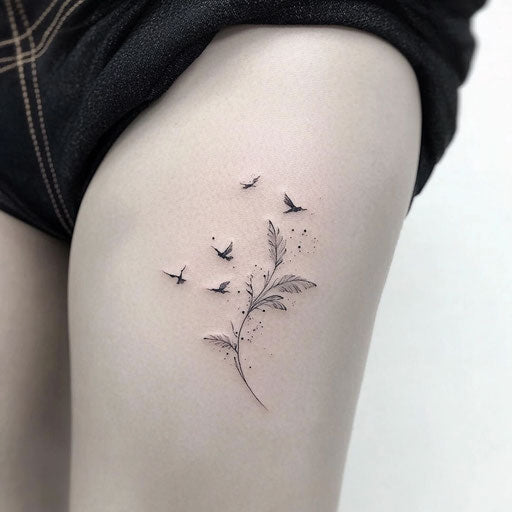 Delicate tattoos with a tiny feather and birds in flight