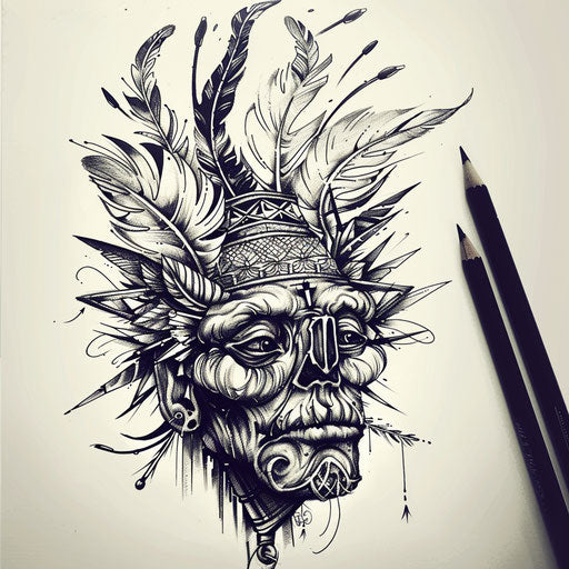 Elegant flat tattoo sketch of a shrunken head adorned with exotic feathers