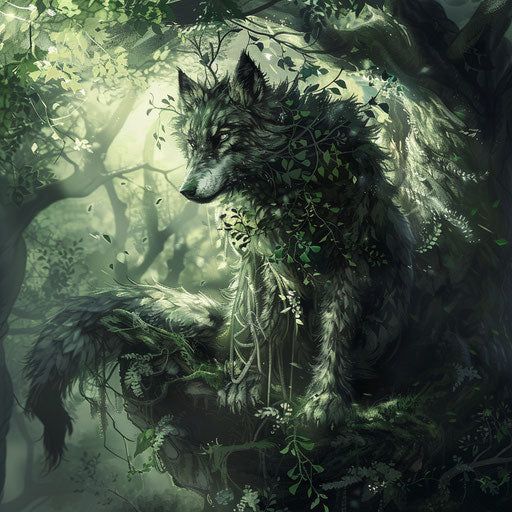 Guardian spirit of the wolf in an ancient mystical forest