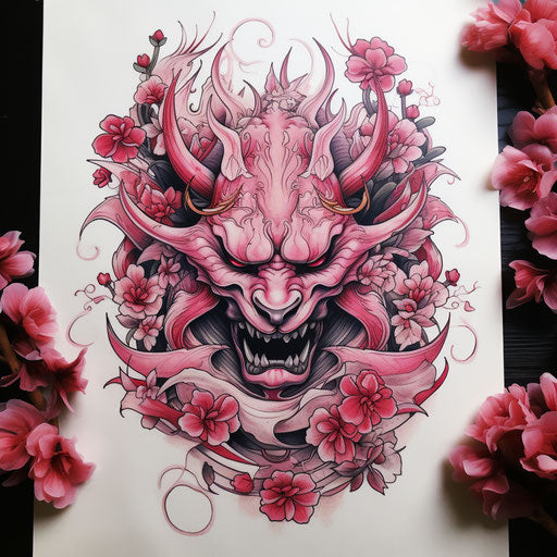 Original drawing of a Japanese devil, light pink and maroon style, tattoo, emotional intensity, incredibly beautiful
