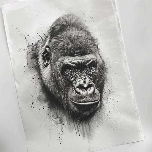 Realistic black and grey gorilla tattoo on white background