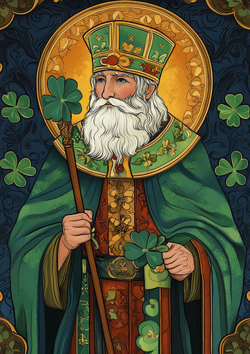 Colorful illustration of a saint with a clover